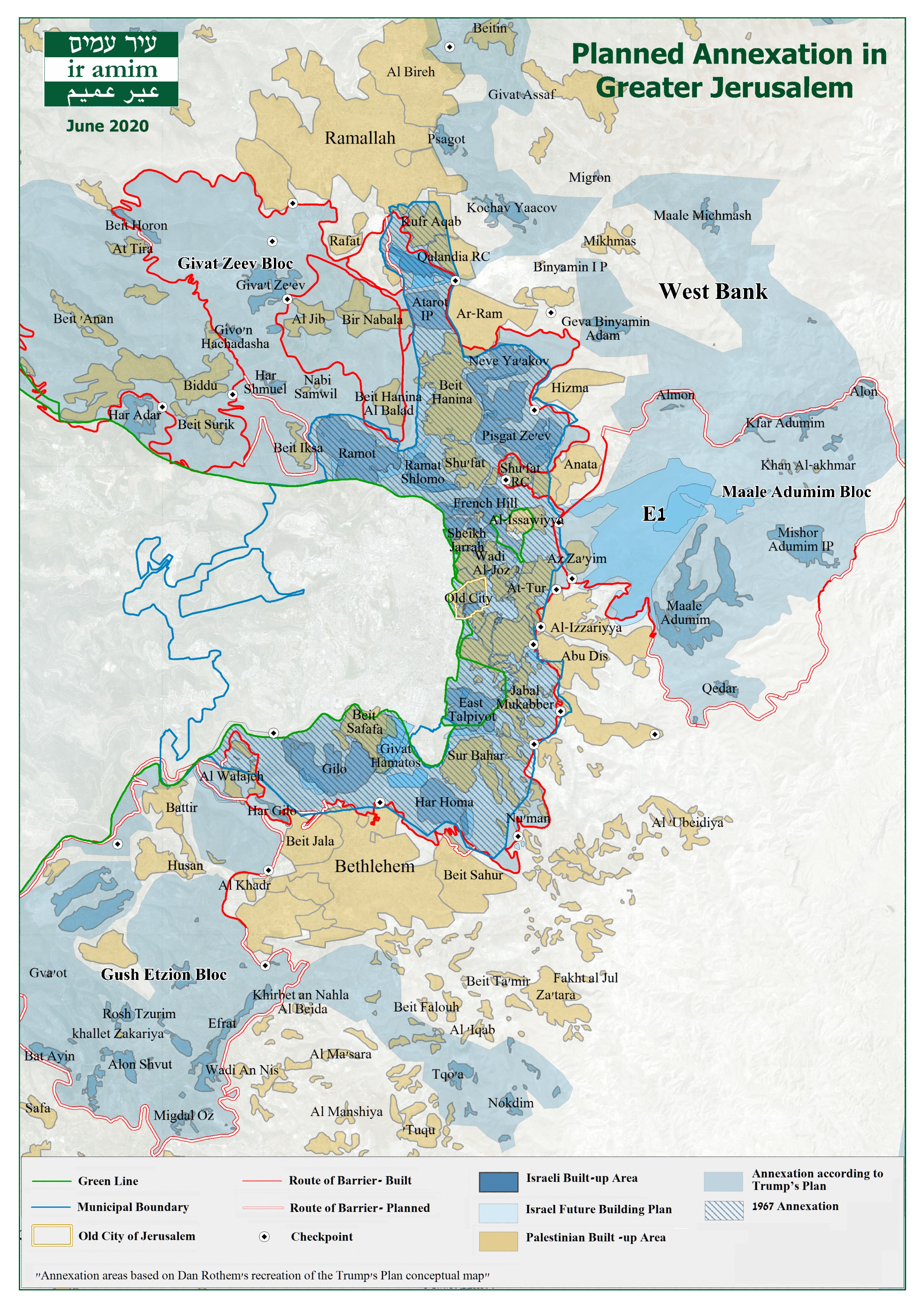 Carte (Ir Amim, juin 2020) : L'annexion prévue afin de constituer un Grand Jérusalem
